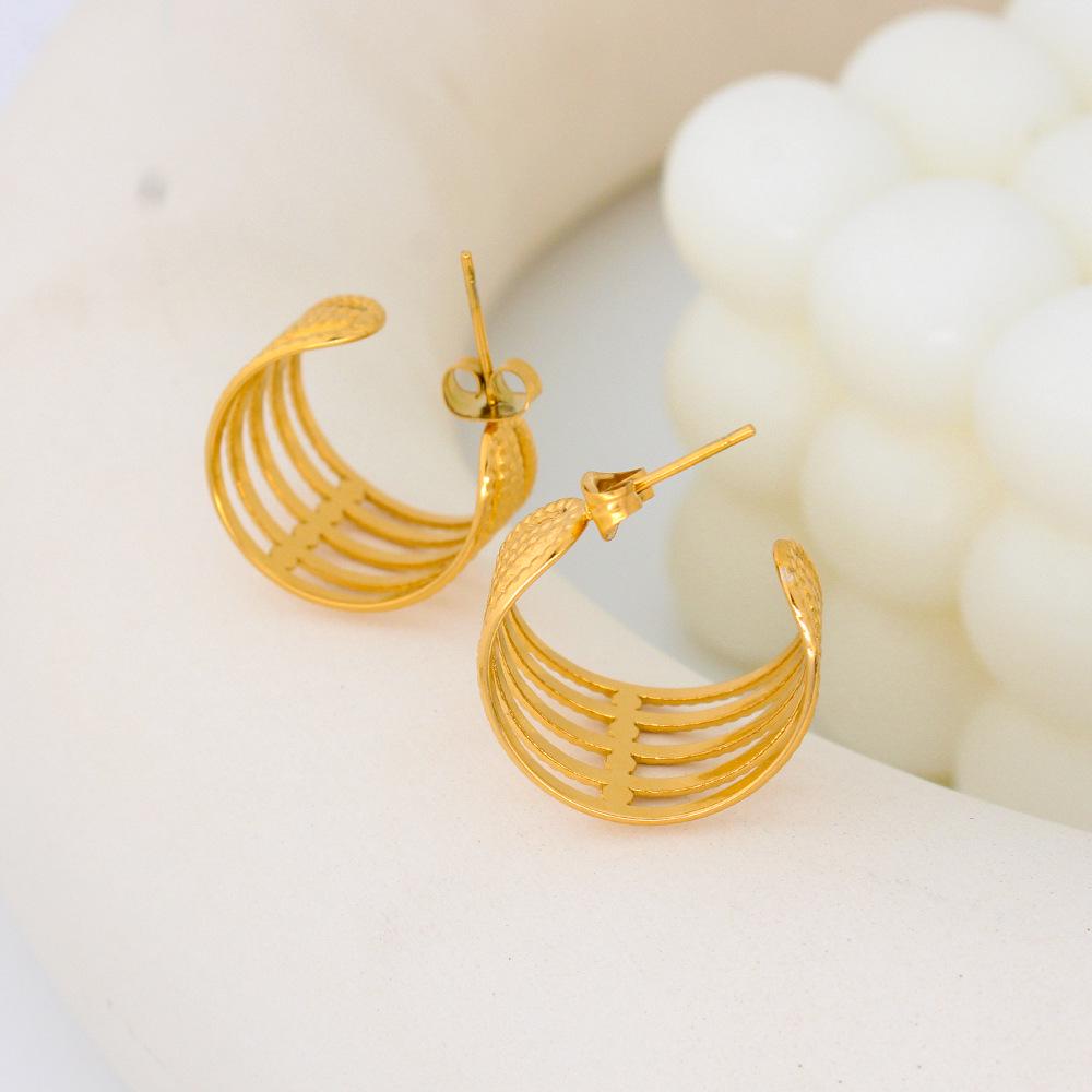 18K Gold Plated Stainless Steel Geometric Hollow Earrings - Versatile Multi-layer Ear Cuffs and Studs