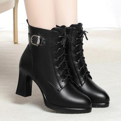 Fashion Winter Women Mon Cotton Shoes Retro Lace Up Chunky Thick Heels Ankle Boots Korean Version Black Plush Warm Platform Boots