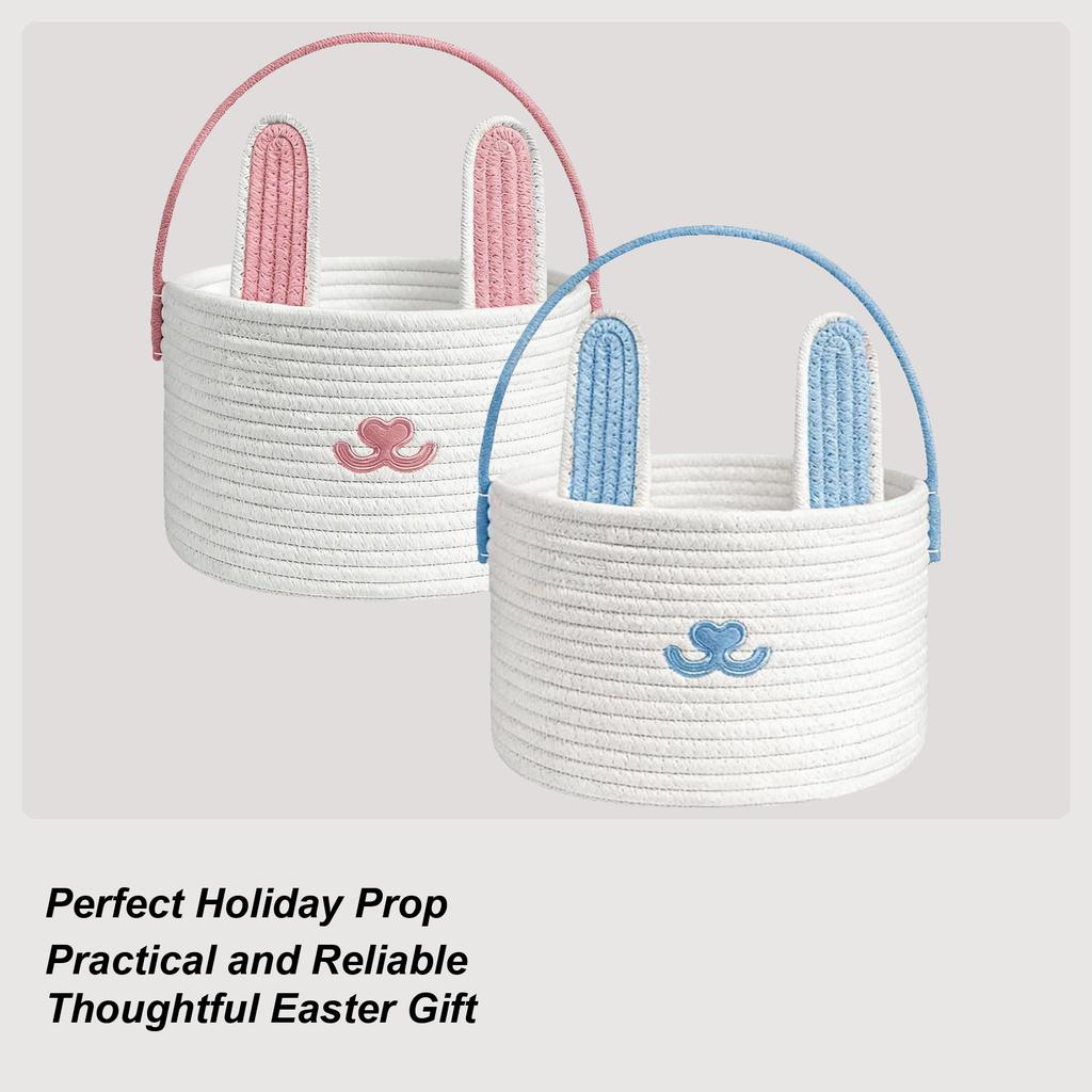 Easter Bunny Storage Basket Woven Cotton Rope Container Handled Bin For Egg Hunt For Boys Girls Candy Toys Snacks Party