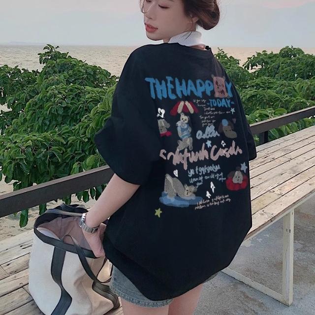 

2025 Лето 100% хлопок Повседневная свободная футболка Женская уличная одежда Harajuku смешные мультяшные футболки с коротким рукавом Женские черные белые топы Y2k 3XL чёрный