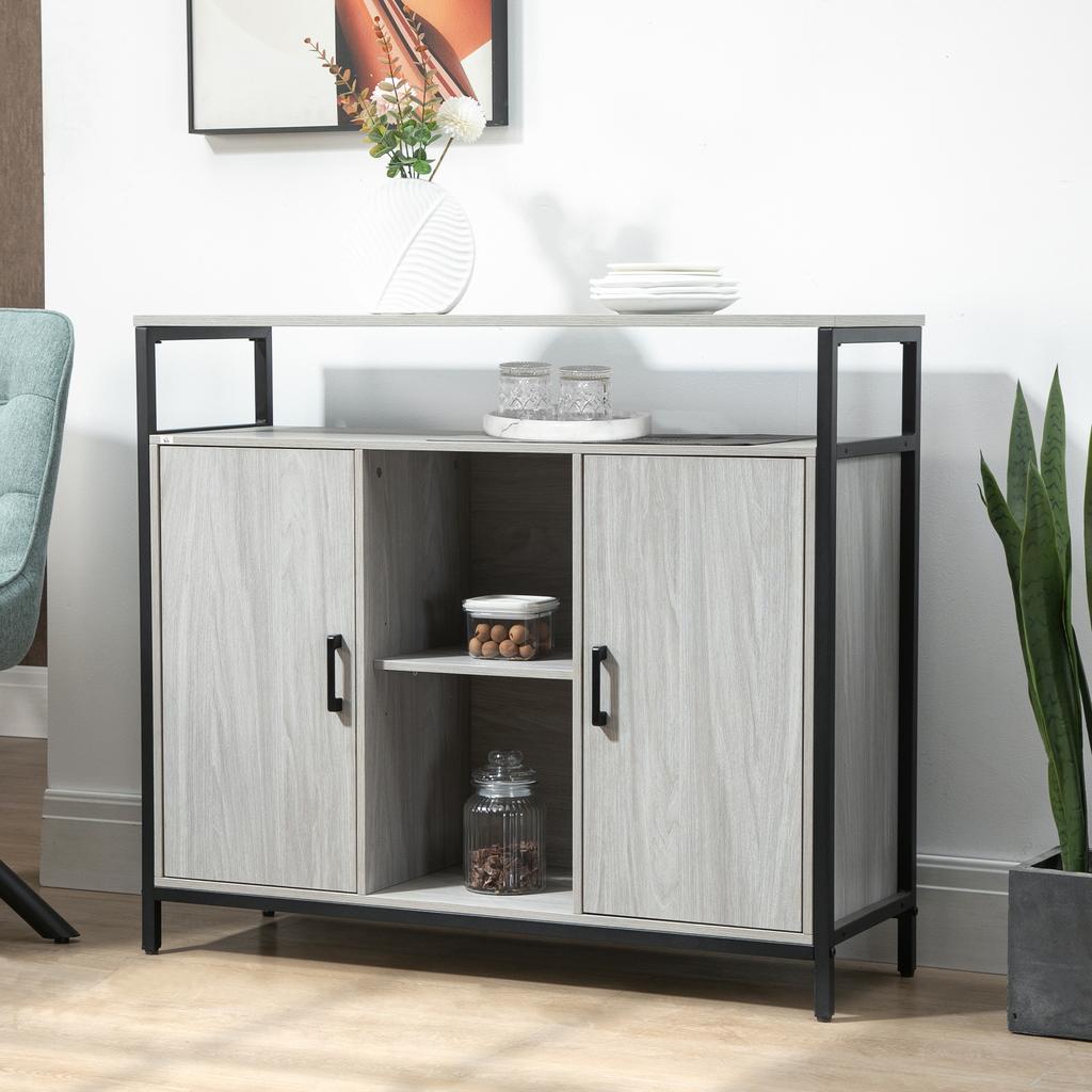 Modernes Holz-Sideboard mit 2 Schränken und Regalen, Küchen- und Eingangsschrank Hellgrau, 100x34x87.2cm