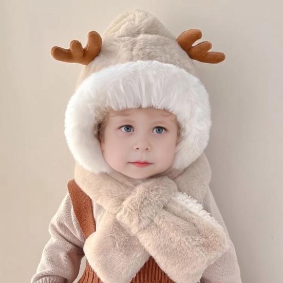 Children Hat with Scarf Design Antler Decoration Thickened Warm Plush Winter Hat Windproof Winter Outdoor Wear