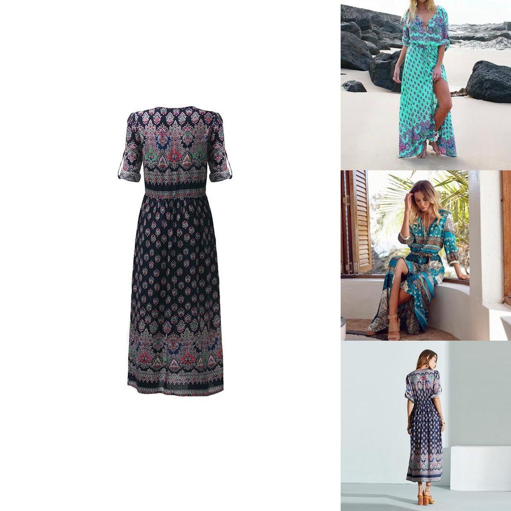 Elegant Women Boho V Neck Long Maxi Dress With 3/4 Sleeve For Party And Evening Events