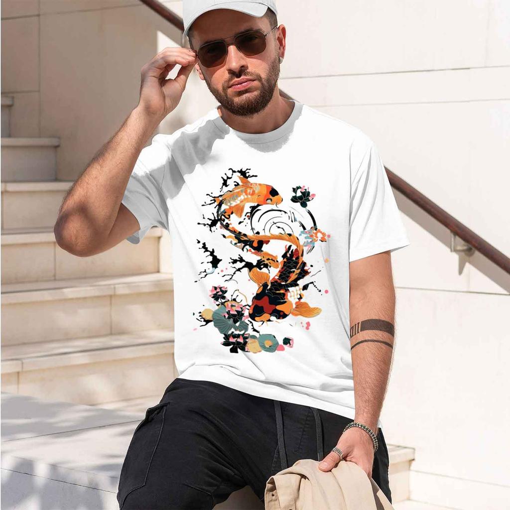 Koi Swimming Around Flowers Printing Unisex T Shirt All Tee Summer Clothes Comfortable Loose Male Short Sleeve 2026 New Model