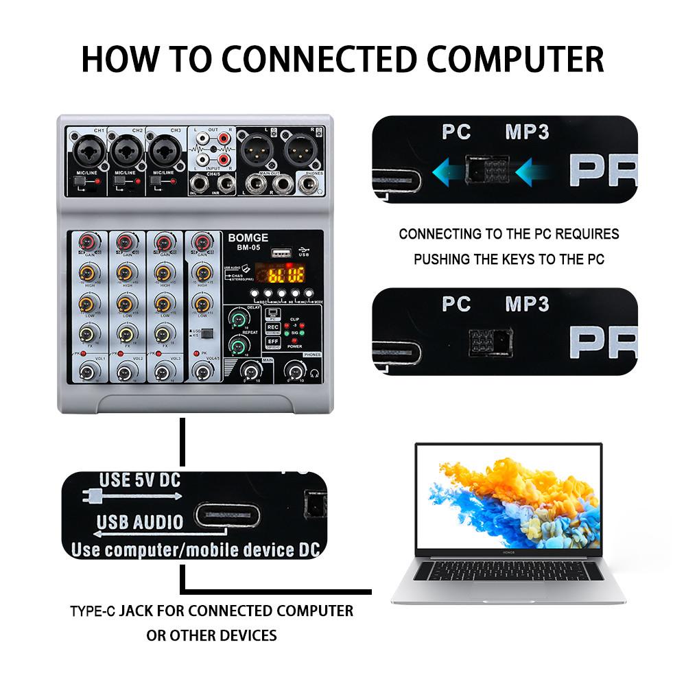 48V 5-Kanal Bluetooth Echo Delay Effekte Eingang Phantomspeisung Stereo DJ Mixer Soundboard Mischpult Digitaler USB Audio Mixer