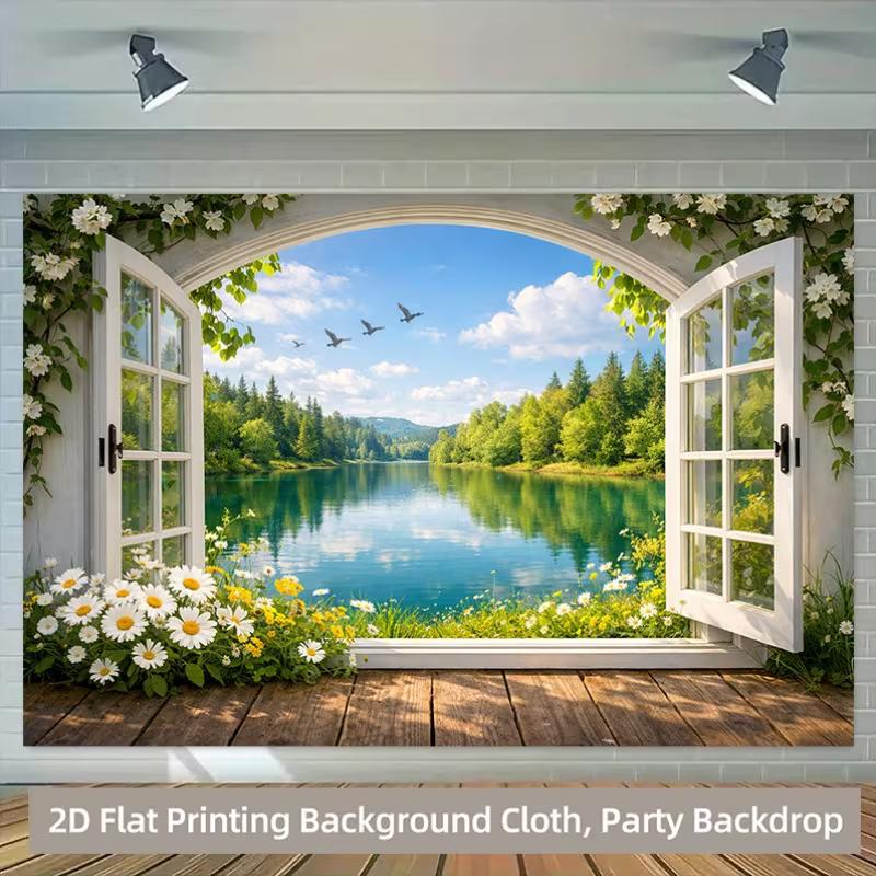 2D Countryside Floral Window View Backdrop Outdoor Nature Decor Background Cloth
