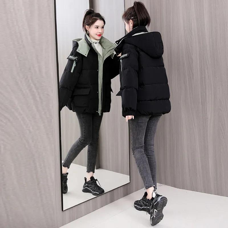 

Женская зимняя корейская версия простой хлопковой куртки с воротником-стойкой, утолщенная короткая спортивная ветровка, одежда для хлеба XXS чёрный