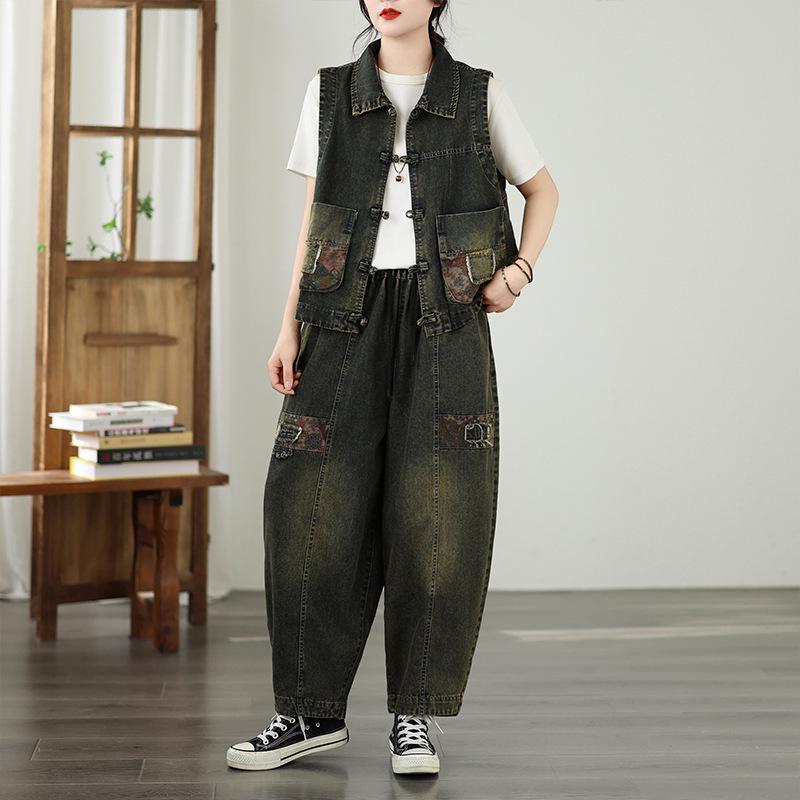 

Spring Retro-Style Embroidered Vest & Patchwork Harem Jeans Set One Size чёрный