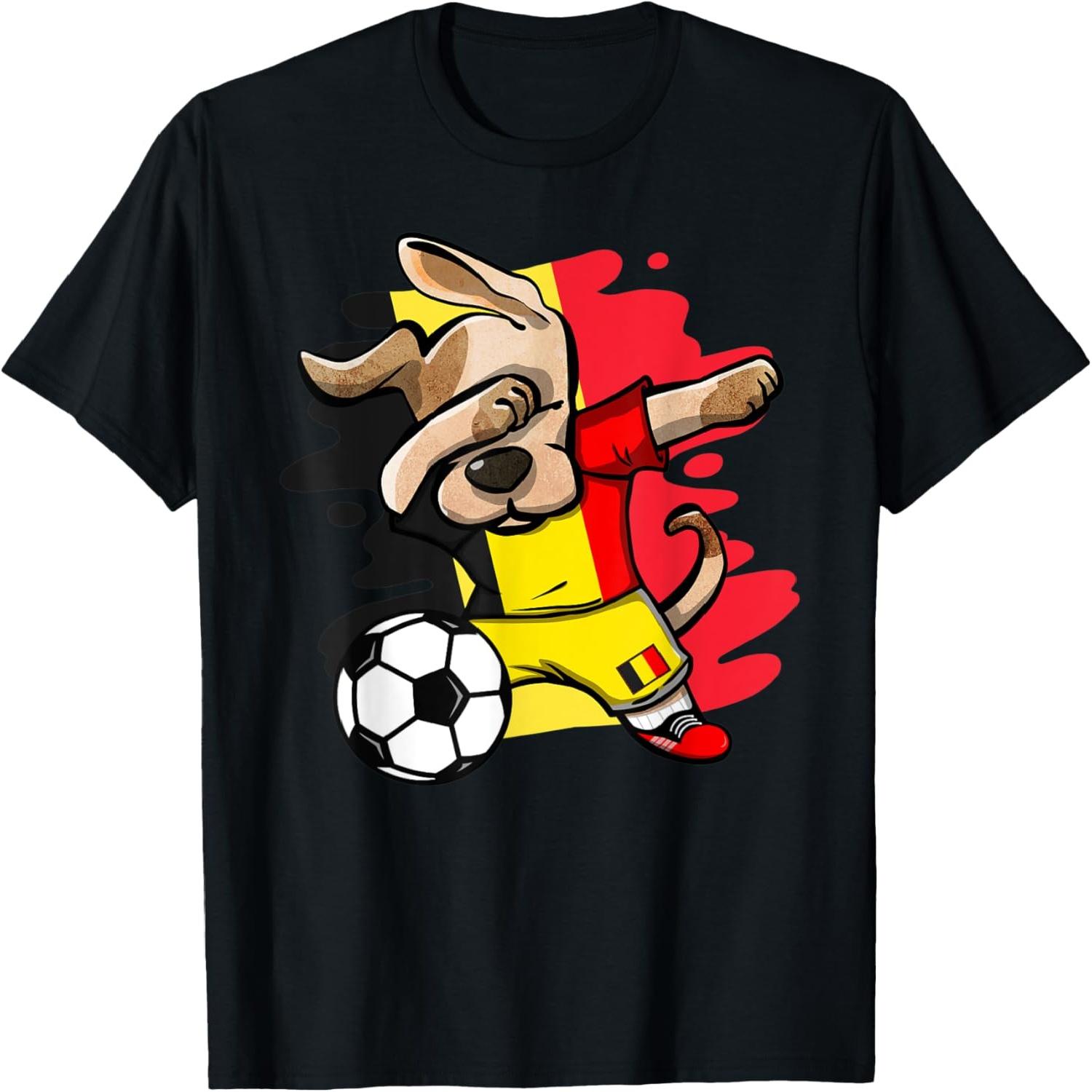 Dabbing Dog Belgium Soccer Fans Jersey Belgian Flag Football T-Shirt for Men Women Kids S