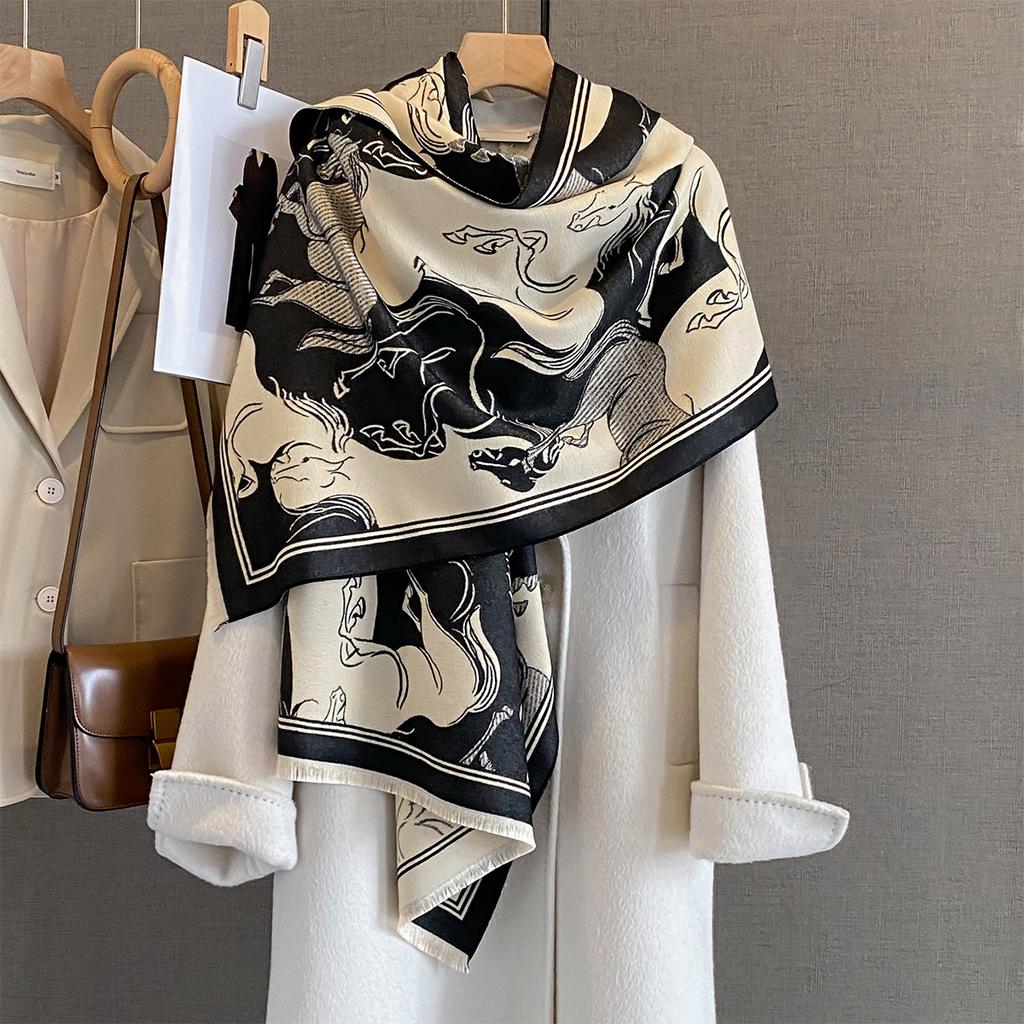 Horse Print Shawl Autumn Winter Scarf Luxury Design Scarves for Women Men Cashmere Thick Warm Wrap Bufanda Poncho Echarpe Stoles