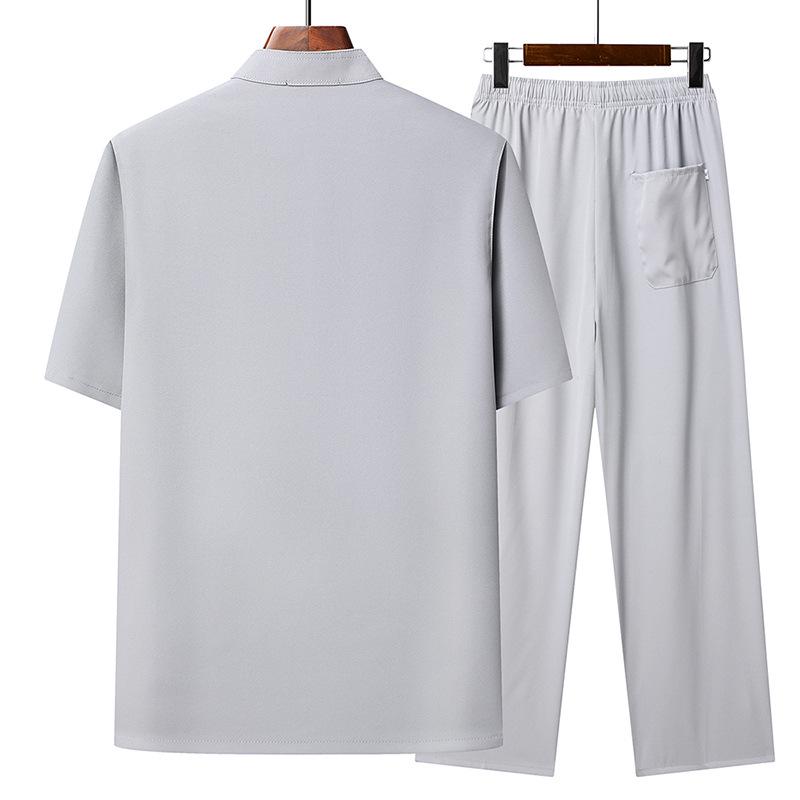 Summer Ice Silk Short Sleeve Zhongshan Collar Shirt for Middle-Aged and Elderly Men – Grandpa Chinese Style Tang Suit Set
