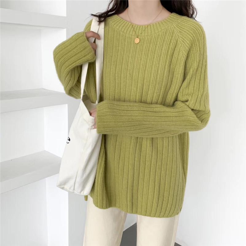 Lazy Style Korean Early Autumn Gray Round Neck Loose Sweater Knit Top 2025