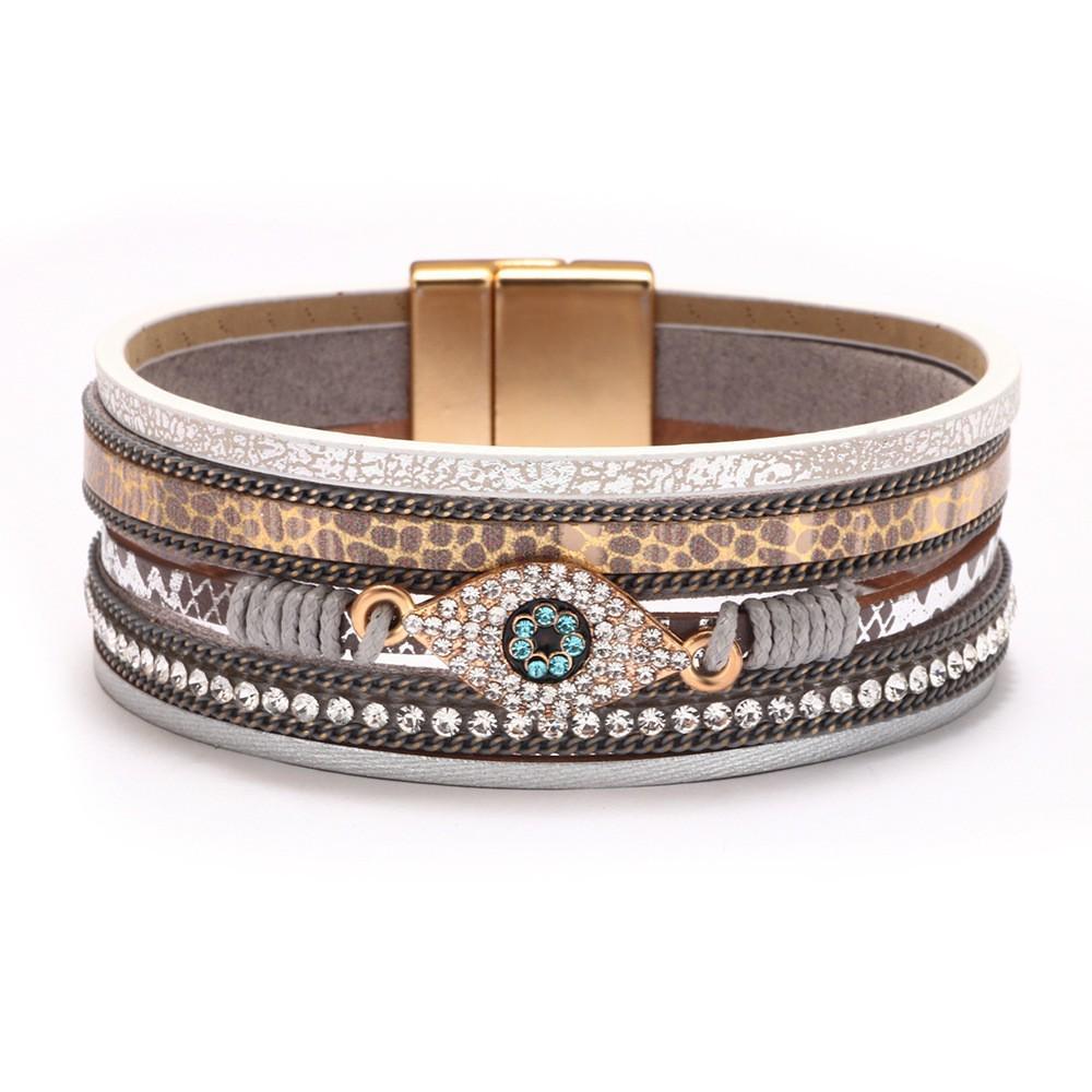 Bohemian Micro-Diamond Cross Bracelet with Magnetic Clasp & PU Leather