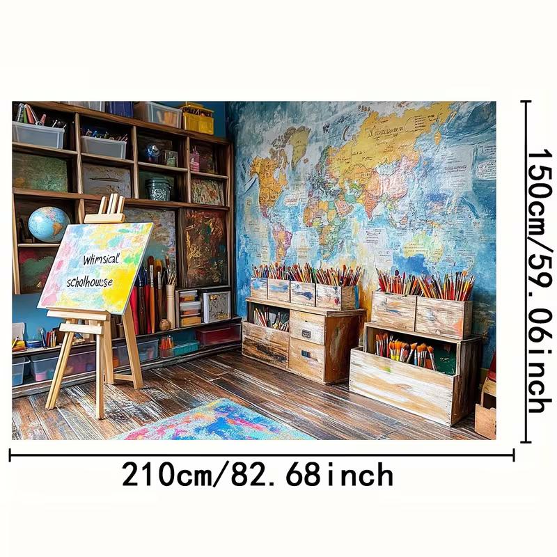 2D Classroom Art Studio Background, Painter's Easel & World Map Backdrop