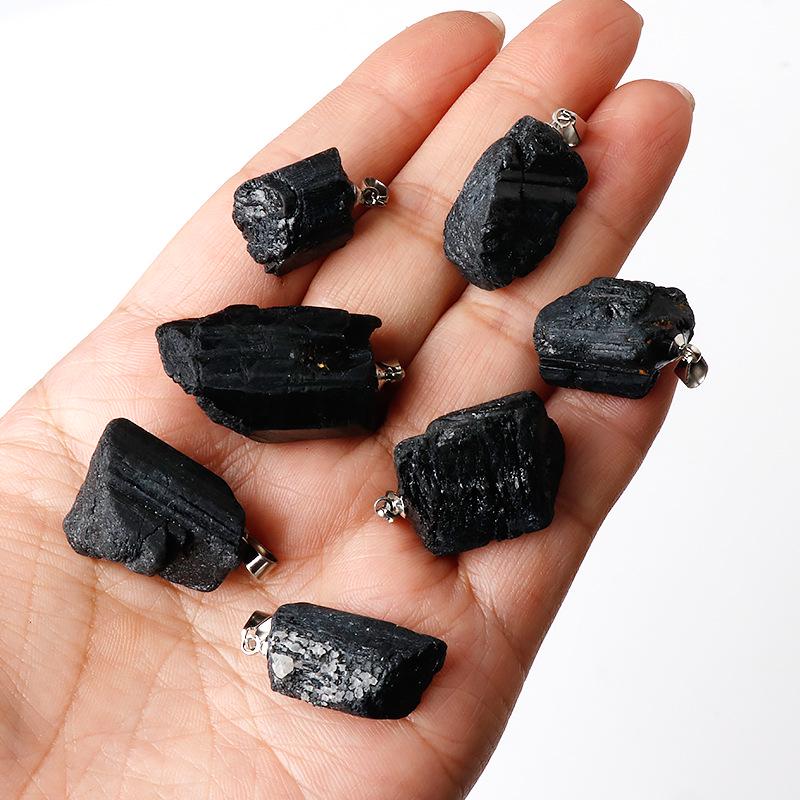 Natural Black Tourmaline Raw Stone Freeform Pendant Necklace