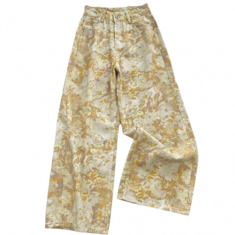 Retro Tie-Dye Floral Denim Jeans: Unisex, Flared, Drapey Straight Wide-Leg, Floor-Length, Spring/Summer 2025, American Design.