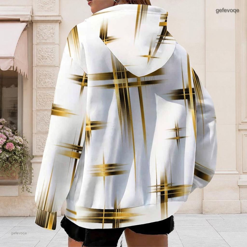 Women Plus Size Long Sleeve Drawstring Zip Up Geometric Printed Hoodie With Pockets