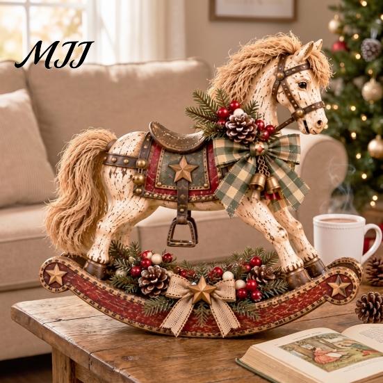 Resin Horse Figurine for Christmas Retro Rocking Ornament with Pine Cones Berries Holiday Tabletop Rustic Ornaments Home Decoration, Vintage Farmhouse