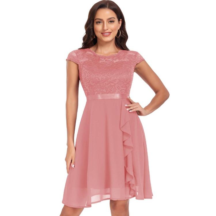 

Hepburn Style Evening Dress Women Cocktail Dress Floral Lace Chiffon Swing Skirt Round Neck Ribbon Cinch Waist S розовый