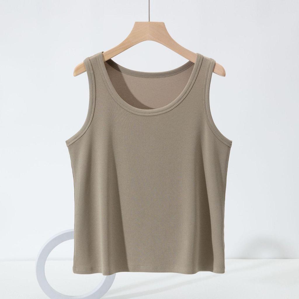 Plus Size Threaded Cotton Round Neck Vest - Spring/Summer Elastic Camisole for Women