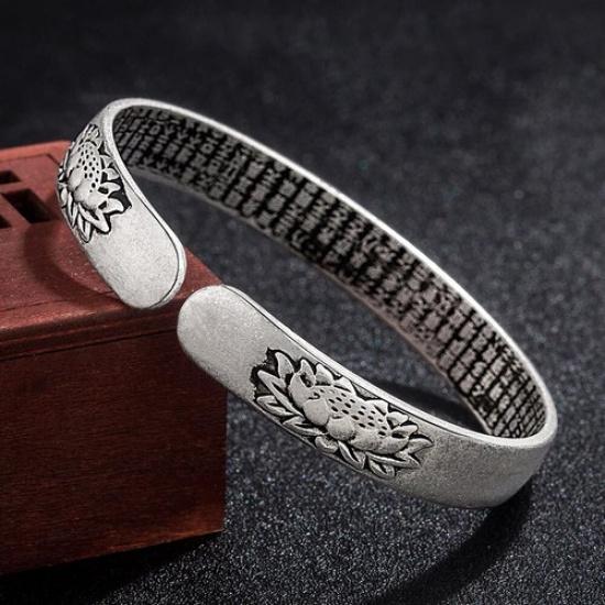 Women's Men Silver Lotus Vintage Calmness Cuff Bracelet Bangle Thai Jewellery