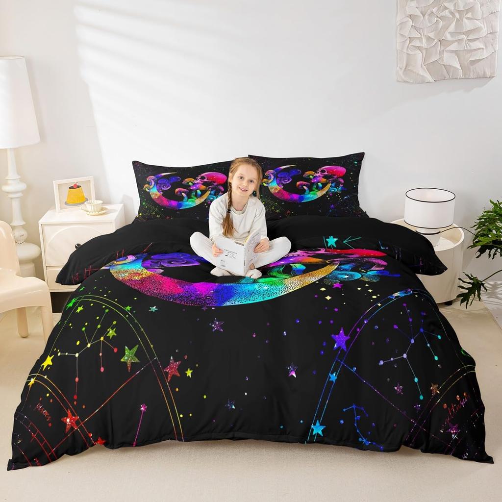 Erosebridal Sugar Skull Comforter Cover Set Skeleton Bones Duvet Cover,Gothic Moth Decor Bedding Sets Twin Magic Unicorn Rabbit Skulls Beddi
