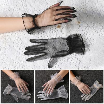 Women Wedding Gloves See-through Ultrathin Shirring Ruffle Lace Full Fingers Prom Ball Cocktail Stage Performance Bride Gloves
