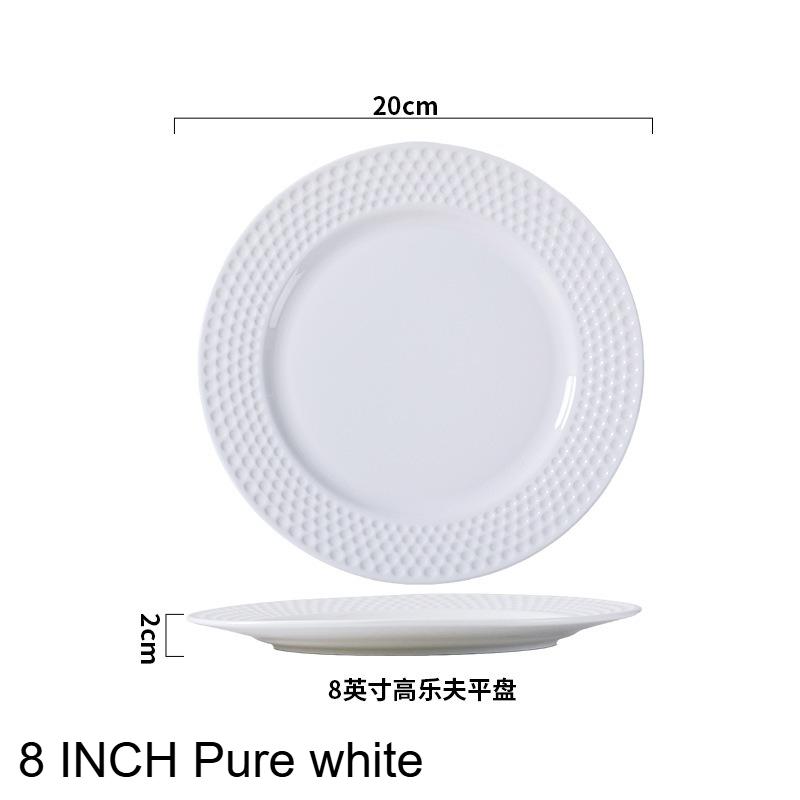 Round Ceramic Gold-rimmed Western-style Dinner Plate Creative Relief Pure White Ceramic Flat Plate Banquet Plating Tableware