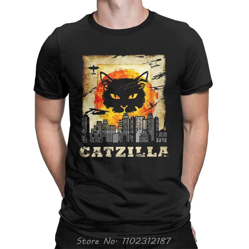 Funny Catzilla Japan Cat Kitten Lover Men T Shirt Male Casual Tees Summer Oversized Tshirt Harajuku Shirt Men Cotton T-shirt