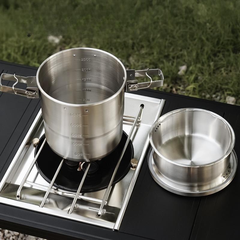 New Stainless Steel Micro-Pressure Camping Pot Home Outdoor Foldable Portable Cooking Pot with Lid, Compatible with Most Stoves