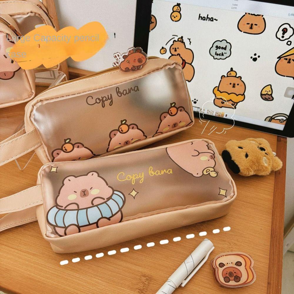 Capybara Pencil Case with Handle Matte Transparent Stationery Storage Pouch Large Capacity Pen Bag Office School Supplies