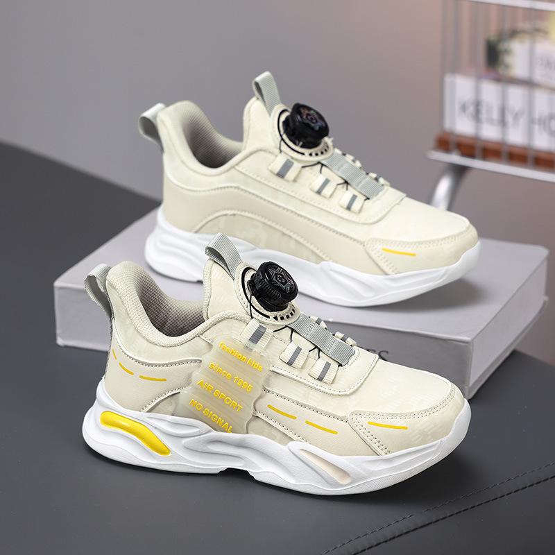 Boys Running Shoes Leather Surface Breathable Autumn Basketball Shoes Children's Sports Shoes Rotating Buckle Boys Students All-round Trendy Shoes