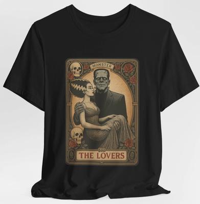 Monster Lovers Tarot Card T-Shirt Vintage Frankenstein and Bride Gothic Horror