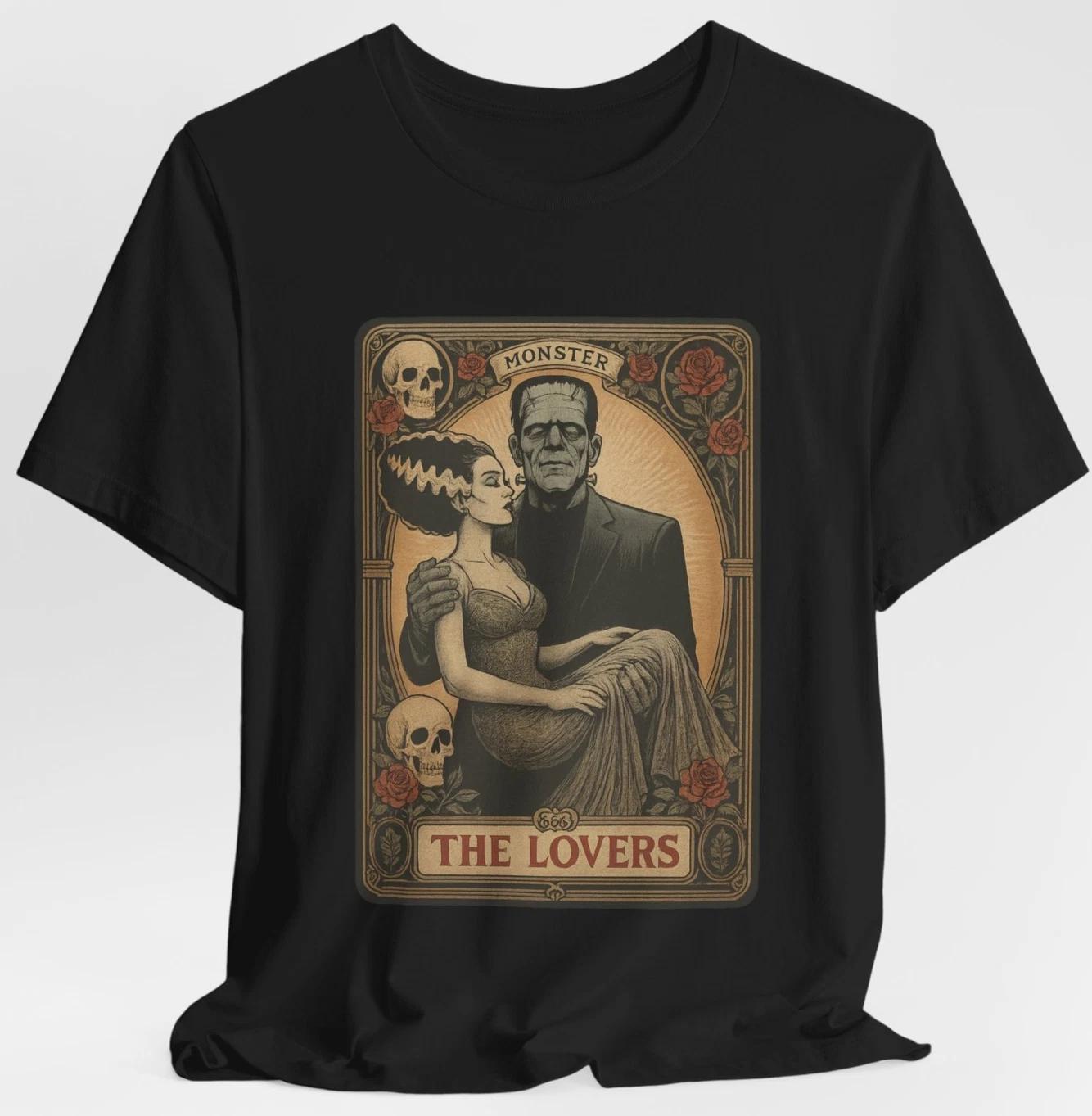 Monster Lovers Tarot Card T-Shirt Vintage Frankenstein and Bride Gothic Horror 2XL