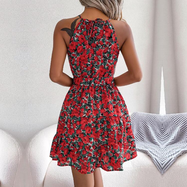 Summer Holiday Floral Long Dress Halter Neck Tie Open Backless Irregular Design Party Dress Spring Summer S-XL