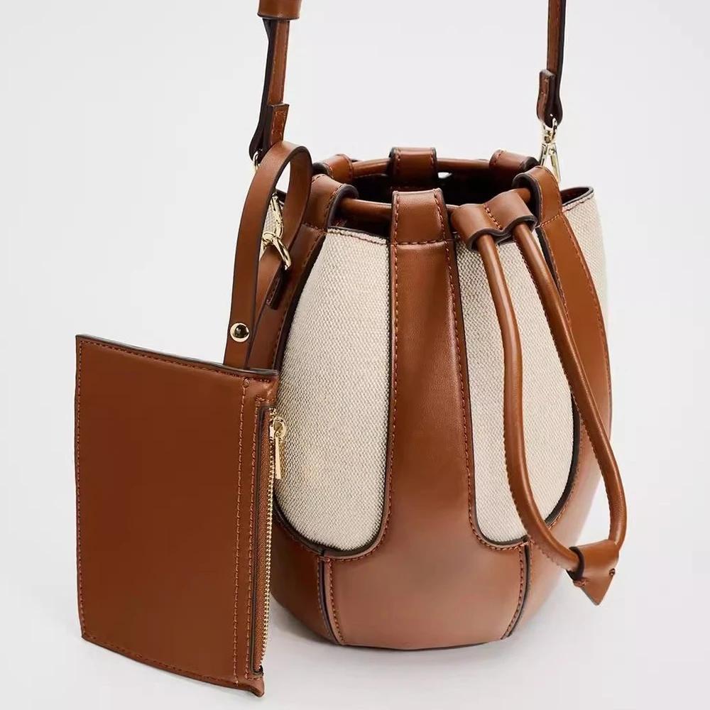 Canvas Drawstring Bucket Bag for Women Designer Handbags Luxury Shoulder Bags Crossbody Bags Phone Clutch Patchwork