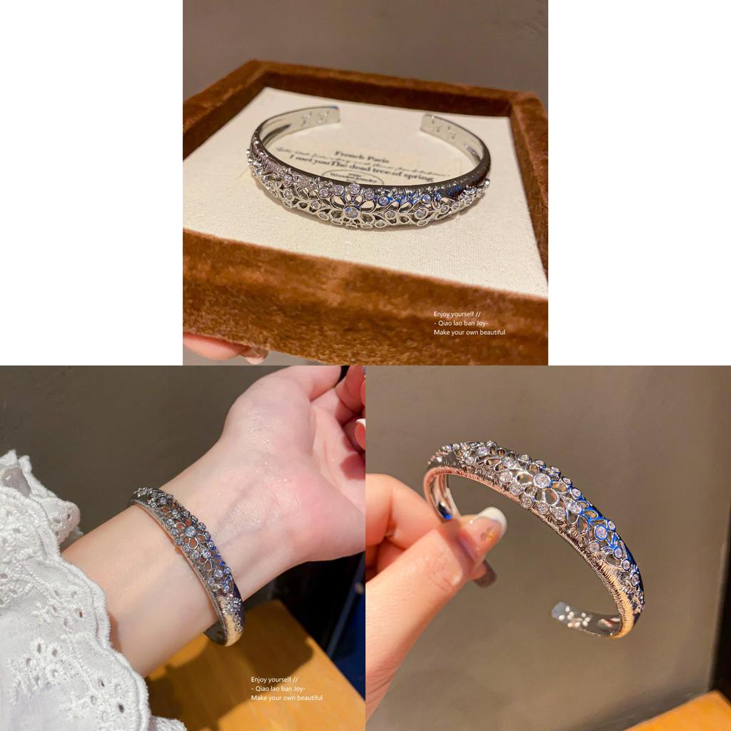 Vintage Silver Zircon Open Bracelet With Geometric Design For Fashion Accessories