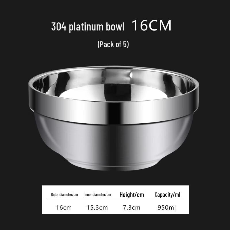 304 Stainless Steel Double Layer Insulated Bowl - 16CM - 5 Pack
