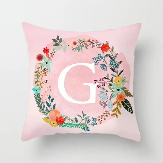 Pink Decorative Pillow Cover 26 Letters In A Wreath Background Pillowcase For Home Decorative Alphabet Cushion Cover 45X45Cm