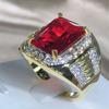 Vintage King Ring Gold Filled AAAAA CZ Red Zircon Luxury Engagement Jewelry Wedding Rings For Men Rock Party Finger Ring