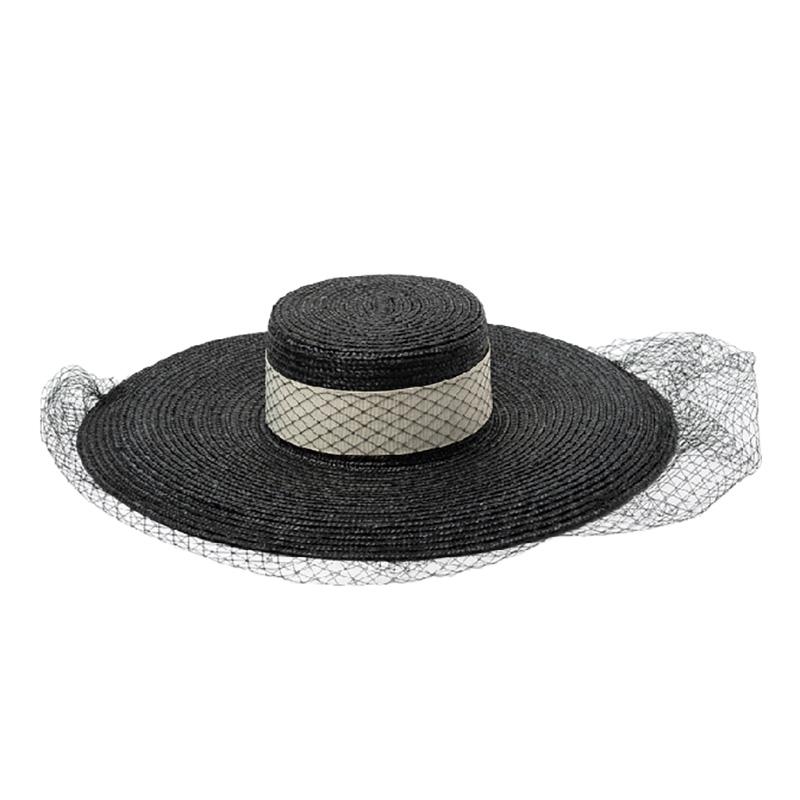 

Fashion Custom Vintage Flat Top Black Straw Hats For Women Summer Lace Decoration Stage Catwalk Beach Hat Sun Visor High Quality чорний