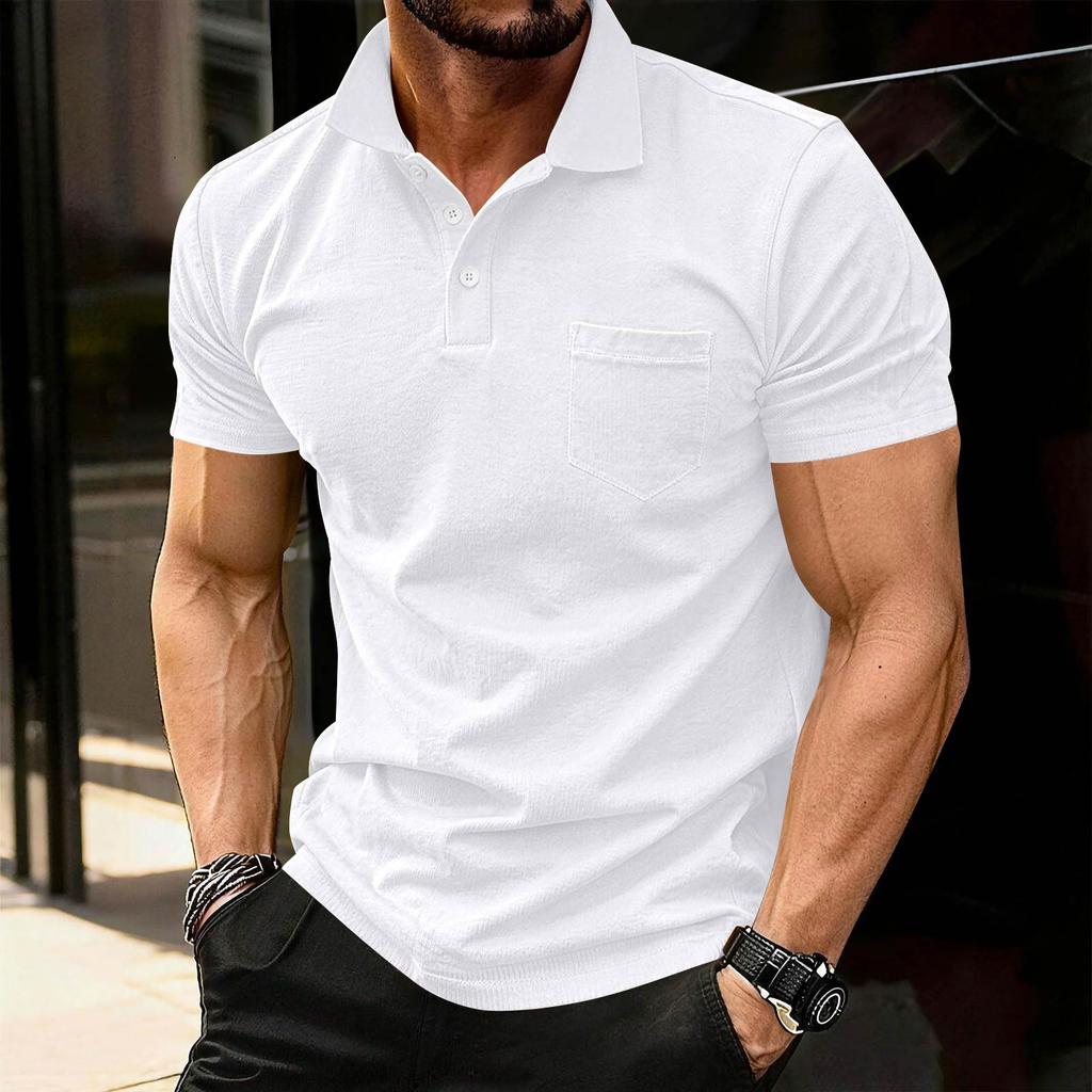 Men’s Short Sleeve Polo Shirt with Chest Pocket Classic Fit Soft Cotton Collared Top for Casual or