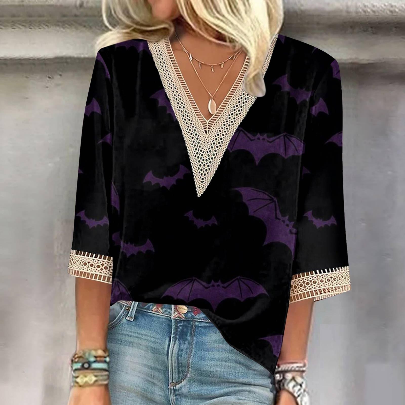 

Women s Shirt Blouse Casual Loose Shirts 3/4 Sleeve Lace Trims Halloween Print V Neck Tops Print Tops T-shirts Tee XXXL