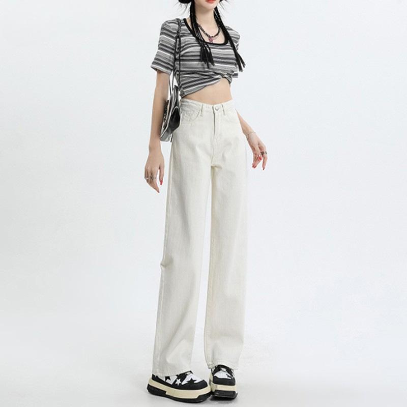 Black and gray high-waisted wide-leg jeans for women's spring, new loose and thin straight extended pants