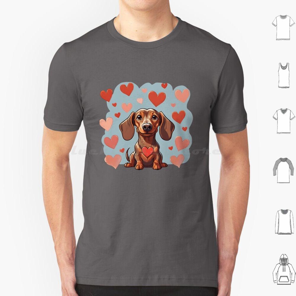 Cute Valentine Daschound Dog T Shirt Cotton Men Women DIY Print Dog Breeds Cute Dog Dog With Hearts Valentine Dog Animals