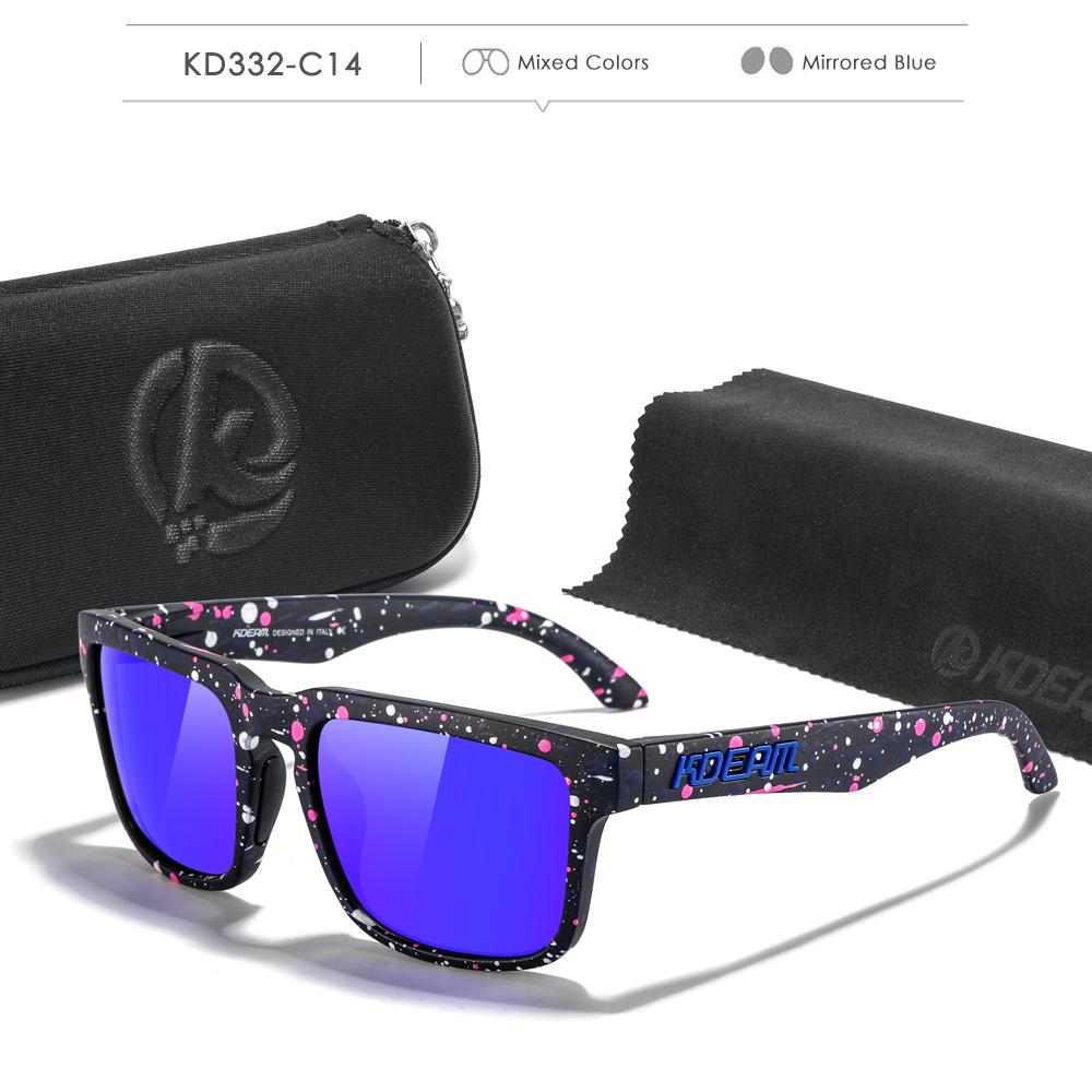 Lunettes de soleil polarisées style carré KDEAM pour hommes et femmes Taille moyenne Largeur totale 145 mm Lunettes de soleil d'extérieur avec étui zippé
