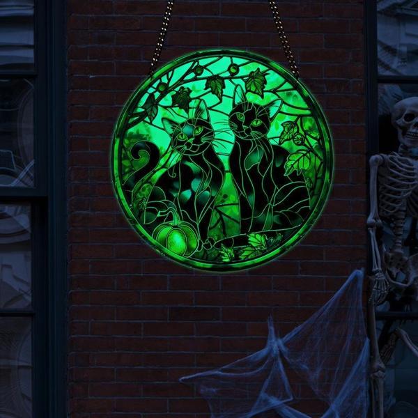 Halloween Luminous Acrylic Circular Design Pumpkin Black Cat Hanging Wall Porch Home Decoration Window Pendant