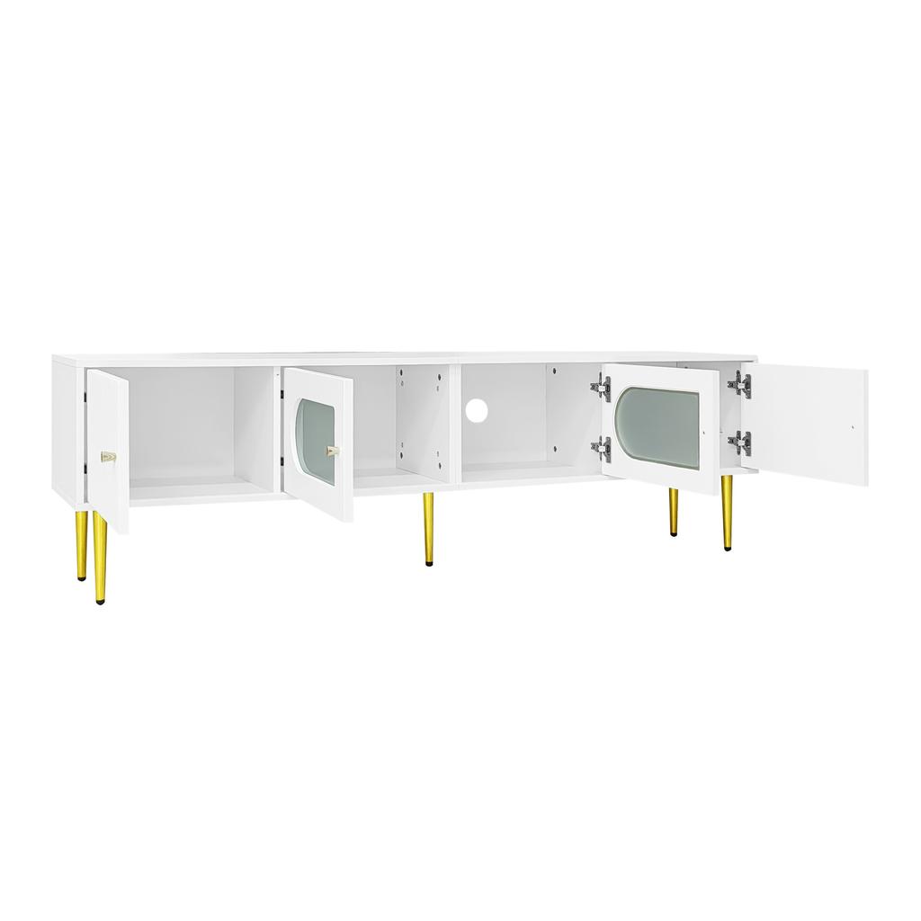 Elegant 170*35*50cm TV Cabinet – White Body with Golden Legs and Handles, 2 Doors with Vertical Grooves, 2 Doors with Arched Glass, 35KG Load Capacity
