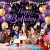 Purple Gold Birthday Banner Happy Birthay Party Decorations for Women, Large Happy Birthday Backdrop Banner Sign, Black Purple Birthday Party Decor