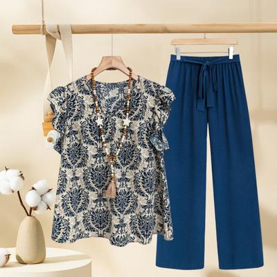 2 Pcs/Set Women Top Pants Set Round Neck Retro Printing Short Sleeves Blouse